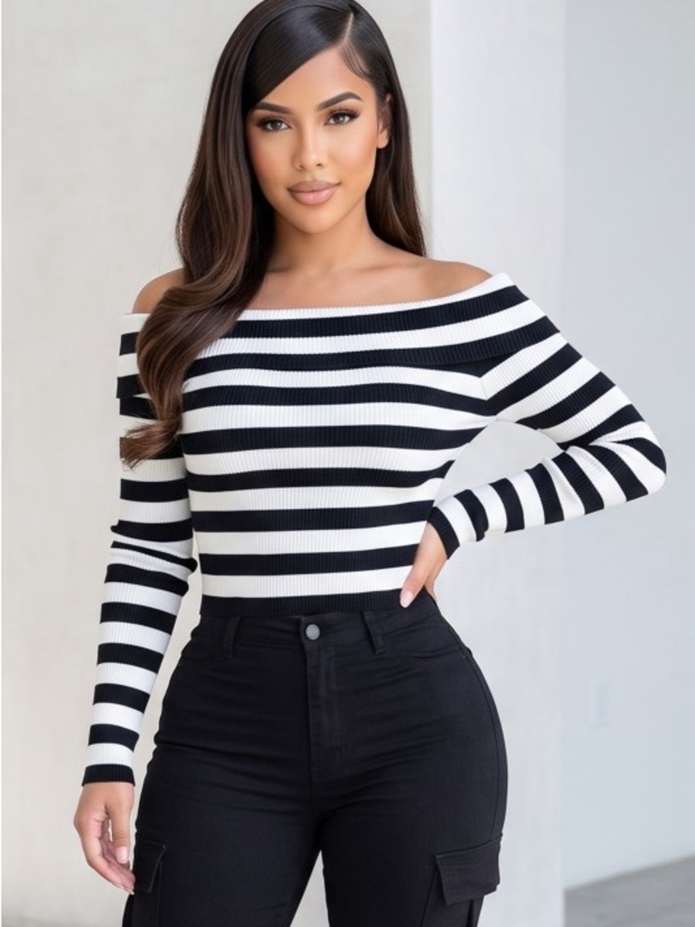 Striped Off-Shoulder Black & White Sweater Top T-36491